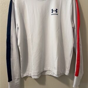 Under Armour Womens White Crewneck Sweater with Red and Blue Stripes